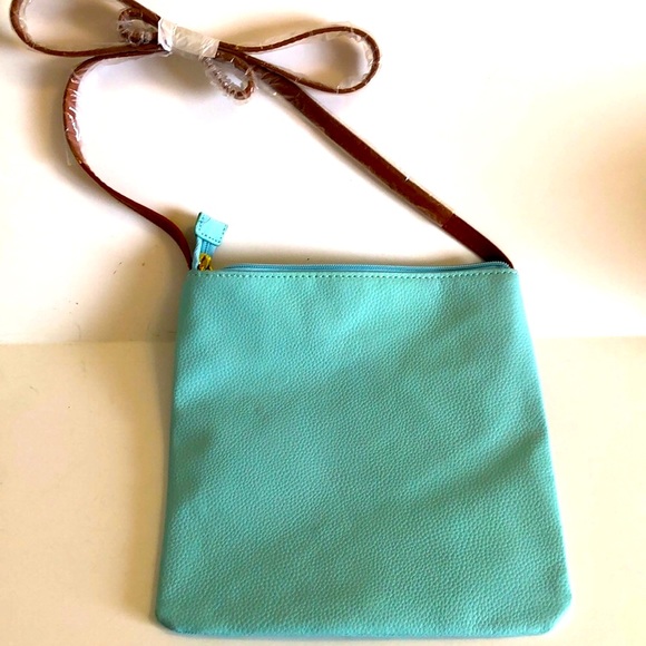 JOY MANGANO Aqua Blue w/Tan Trim Pebbled Leather CROSSBODY Shoulder Bag - Picture 5 of 6